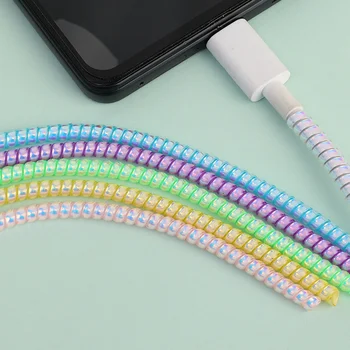 140 См Лазерна цветна спирала от TPU, USB Кабел за зарядно устройство, защитна капачка за кабел, устройство за навиване на кабел за Iphone, Samsung, организатор за кабели за прехвърляне на данни