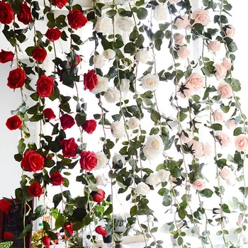 180 см Изкуствена Роза, лоза, сватбени фини копринени цветя със зелени листа за домашен декор