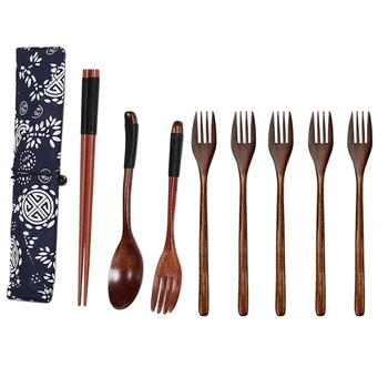 2 Комплекта японски дървени прибори за хранене: 1 комплект дървени вилици за салата, вилица за вечеря и 1 комплект десертни пръчици за хранене, лъжичка-вилица