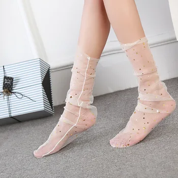 2018-Нови дамски тънки модерни чорапи от ледената коприна, прозрачни кристални дантела и фини дамски чорапи с пайети и звездите, 6 чифта/лот