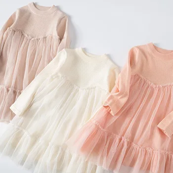 2022 Нова рокля за момичета в корейски стил, мрежести рокли на принцеси за малки момичета, детски дрехи за пролет-есен с дълъг ръкав