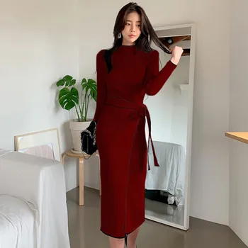 2022 Нови Дамски корейски модерни ежедневни вълнени възли рокли с темперамент, женски вязаное рокля-пуловер с тънка талия от дантела, Vestidos