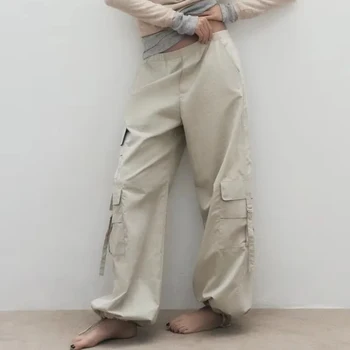 2023, женски Нови пролетни обикновена широки панталони-карго пълна дължина с еластичен колан, дамски ежедневни улични панталони