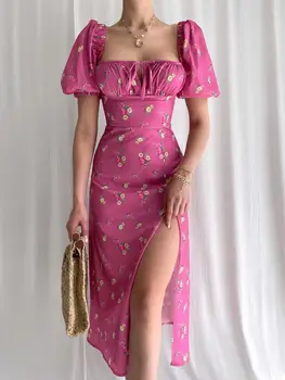 2023 лятото ново рокля с пузырчатым ръкав, тънка секси рокля с цветен модел и цепка отстрани, дамски плажни дрехи