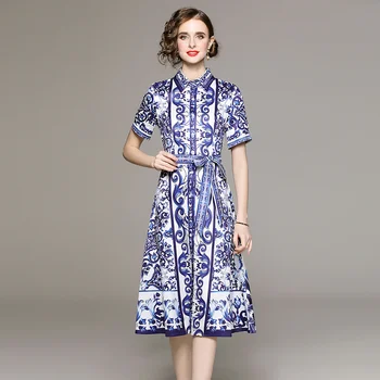 2023 Ново модно женствена рокля със синьо-бял фарфоровым принтом с къс ръкав, елегантна пролетта свободно дебнещ рокля Vestidos