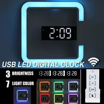 3D led квадратни дигитални стенни часовници RGB, 7 цвята, температурен дисплей, висящи електронни часовници с дистанционно управление за спалня, офис декор