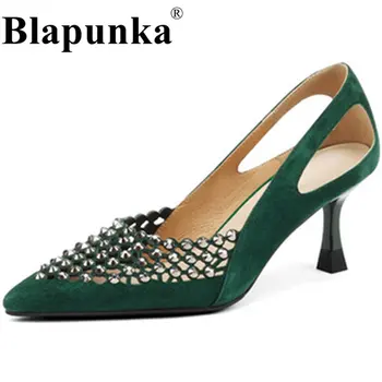 Blapunka/големи размери 43, дамски обувки-лодка от овча велур на тънък висок ток, мрежести бижута, дамски обувки с изрезки от кристали, сезон пролет-лято, ново