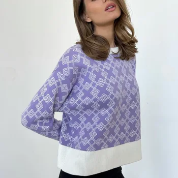 CHARMNE пролетно-есенния женски жаккардовый пуловер с геометричен модел INS, популярният свободен вязаный пуловер с дълъг ръкав