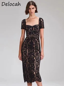 Delocah, висококачествено лятно дамско модно рокля midi за подиум, къс ръкав, дълъг ръкав, лък, във черна лейси довършителни Подгъва, Рокли