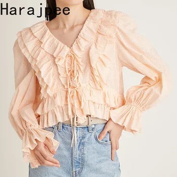 Harajpee, Дамски Модни Блуза В Японски Стил, Пролет 2023, Нова Скъпа Риза С V-образно деколте и ръкав-фенерчета на Експозиции, Връхни Дрехи