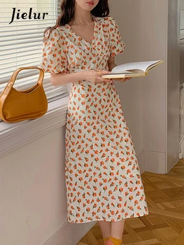 Jielur, винтажное рокля с V-образно деколте и луксозен цветен модел във френски стил, лятно офис женствена рокля с пищни ръкави, тънки шифоновые дамски рокли с висока талия