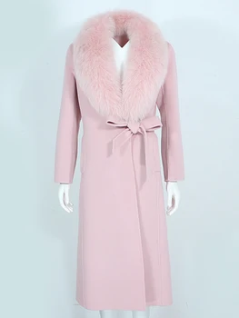 MENINA BONITA 2022 Ново палто от естествена кожа, зимно яке, яка жена от естествен лисьего кожа, кашемирово-вълнени смеси, дълга горна дреха, градинска облекло