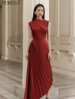 PEIRESA Луксозно дизайнерско плиссированное рокля с неправилна форма, женски 2023, Нова мода, елегантни вечерни рокли без ръкави, с полуприлегающим яка