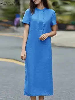 ZANZEA/ дамски дълги рокли с висока яка, корейското модно однотонное рокля midi, Летен сарафан 2023 с къс ръкав, празнични ежедневни рокли