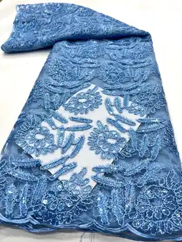 Африканска Лейси Плат 2023 Висококачествена Френска Лейси Кърпа със сини 3D пайети, нигерийски Дантелени Платове за Булчински на шиене