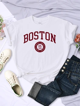 Бостън, САЩ, Основана през 1630 г., Тениска, дамски Летни луксозни тениски, модната марка, градинска ежедневни дишаща тениска с къс ръкав