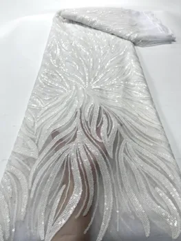 Бяла Африканска Лейси Плат с Висококачествена Бродерия 2023 Френски Тюл, Дантела нигерийски 3D Пайети Лейси Плат за сватбата на едро