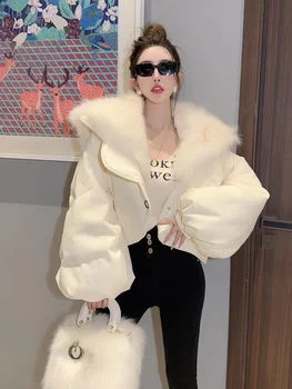 Бяла къса памучен яке дамски зимни 2022, Нов корейски стил, лек дизайн, чувство на светска българия, кожа яка, пуховик, палто