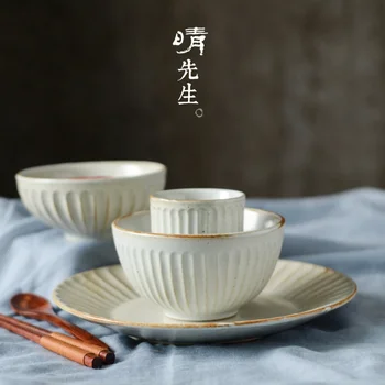 Вертикален модел Комплект съдове за готвене от груба керамика, ръчна изработка в стил ретро, керамична чиния в японски стил, Купа за прибори, Чиния за битови