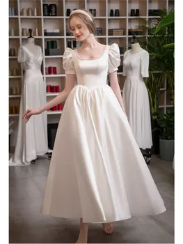 Винтажное на булката рокля с пищни ръкави и отворена на гърба, квадратен яка, елегантна атласное рокля за сватбеното парти, рокля midi за бала трапецовидна форма в стил мозайка