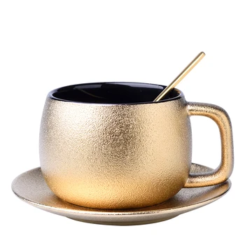 Висококачествен златен набор от кафе чаши, гравирани с Матирано керамично Чиния за следобеден чай, лъжица за еспресо, Посуда за напитки в домашния офис