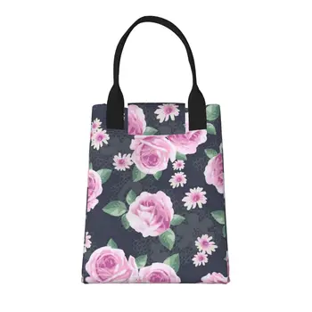 Голяма Модерна чанта за пазаруване с дръжка и шарките на розова роза, множество пазарска чанта от здрав винтажной памучен плат