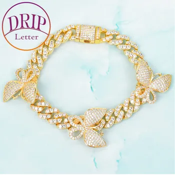 Гривна с кубински брънка във формата на капкова букви за жени, на истинските златни бижута в стил хип-хоп с пеперуда от Маями