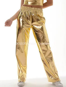 Дамски лъскави панталони с прав штанинами за възрастни, ежедневни панталони с висока талия цвят металик, сверхдлинные холограма панталони в стил диско