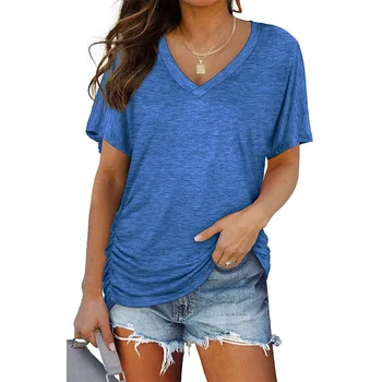 Дамски Однотонная Плиссированная тениска с V-образно деколте и къс ръкав 