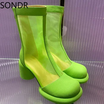  Дамски сандали от естествена кожа с кръгло бомбе и окото, дишащи ботильоны, обувки на блок висок ток, летни зелени 5 цвята 