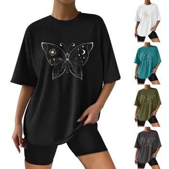 Дамски Тениски Оверсайз свободно, намаляване, върхове с кръгло деколте и къс ръкав, Лятна Ежедневна блуза 2023, базова тениска, Дамски памучен риза