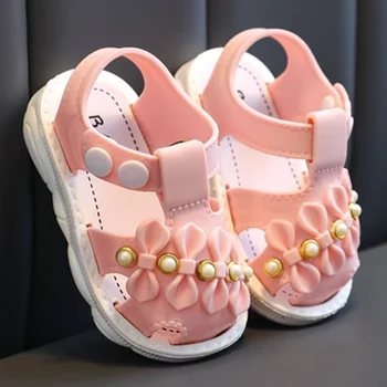 Детски обувки за бебета, сандали със затворени пръсти и изрези, сладки бебешки сандали с магнитен лък за прекрасни момичета на дебела подметка от 1 до 3 години
