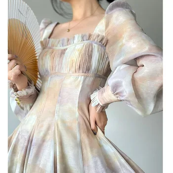 Дизайнерски елегантни рокли с принтом за жени, без вечерен костюм с квадратна яка и дълъг ръкав, новост 2023, пролетен дамски дрехи