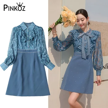 Дизайнерско стилно синьо пролетта мини-рокля-молив с висока яка, дантелени къдри в стил мозайка, копчета, пайети, висока талия, vestidos z