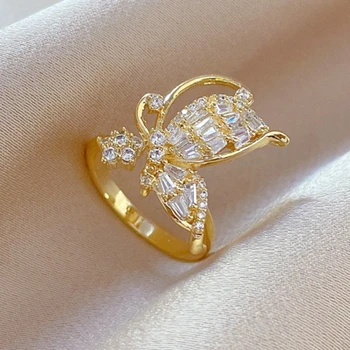 Европейските и американските Ins, златен пръстен с пеперуда и цирконии за жени, луксозни пеперуда, кристал, банкетни сватбени бижута, аксесоари
