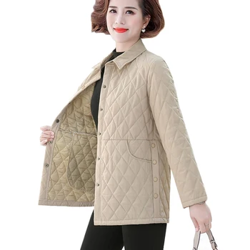 Есенна дамски памучен яке, нов обикновен цвят, голям размер 5XL, тънка риза с памучна подплата, якето, дрехи за майки на средна възраст