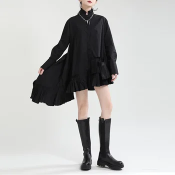 Есенното облекло за женщин2023 Нов продукт, яка-часова, подгъва, плиссированная френска риза, пола, с неправилна форма, свободно рокля с голямо подолом