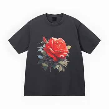 Женска тениска от чист памук, с цветен тема, красива червена роза, ежедневни риза с къси ръкави, лесна градинска дамски дрехи