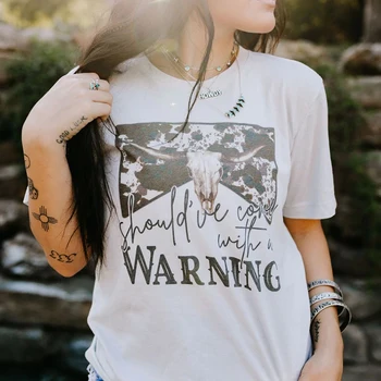 Женска тениска с предупредителен принтом, ковбойская тениска, тениска с графичен дизайн в стил Уестърн-кънтри, дамски дрехи реколта