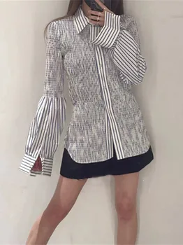 Женски райета плиссированная тънка блуза, 2022, есента отложной яка, дамски однобортная риза с дълъг ръкав, Дамски елегантна риза