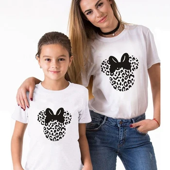 Забавни тениски с изображение на главата на Мини Маус и лък с леопардовым принтом, ежедневни блузи за майки и дъщери, риза в стил харадзюку, е един и същ дрехи за семейството