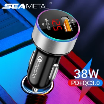 Зарядно за кола SEAMETAL 38 W PD + USB QC3.0 За Бързо зареждане на Телефон, Зарядно за 12 -24 В Гнездото на Запалката с led дисплей Волтметър
