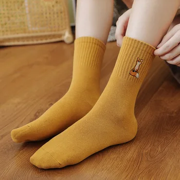 Зимни дамски чорапи, обикновена чорапи с бродерия сладък анимационен Лисици, меки памучни чорапи със средна дължина, за дами и момичета, топли чорапи на пода