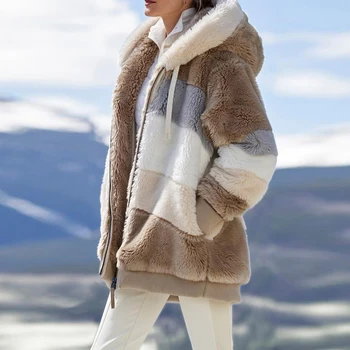 Зимно дамско палто, модни и ежедневни дамски дрехи в клетка с отстрочкой, дамско палто с цип, с качулка, дамски яке