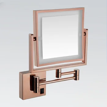 Квадратно led огледало за баня, с високо качество месинг, 3-кратно увеличение, дамски огледала за грим, стенни, розово злато, led сгъваеми огледала за баня