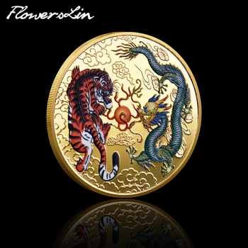 Китайските Древни Митични същества Талисман Дракон и Тигър Възпоменателна монета Паралакс Занаят Зодиакален Знак с изображение на Тигър
