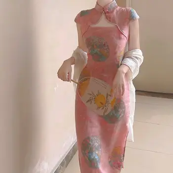 Китайското рокля Ципао, дамски чаена облекло в стил ретро с принтом чонсам, елегантна секси лятна рокля Ципао с къс ръкав