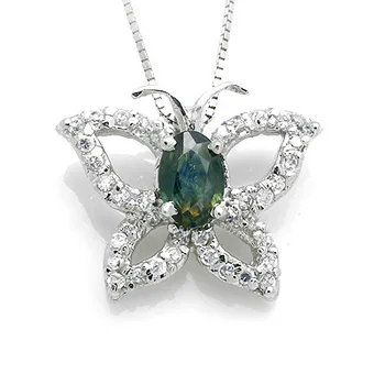 Класическа сребърна висулка-пеперуда за момиче от 4 мм * 6 мм синьо-зелен медальон с естествен сапфир от масивно сребро 925 проба, сапфир колие, окачване