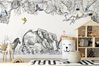 Конфигуриране на 3D тапети с ръчно изрисувани слонове, листа на дървета и фламинго, разноцветни птици, тапети за стени спални