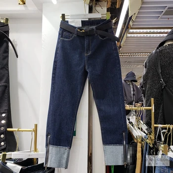 Корейски разтеглив прави дънки modis в стил мозайка с висока талия, дамски пролетни дънкови панталони с дължина до щиколоток 2022 г.